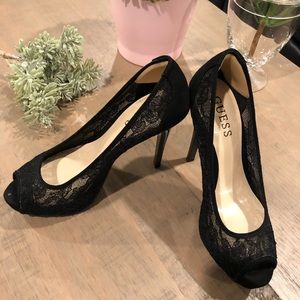 Guess. Black lace peep toe pumps. Size 5.5